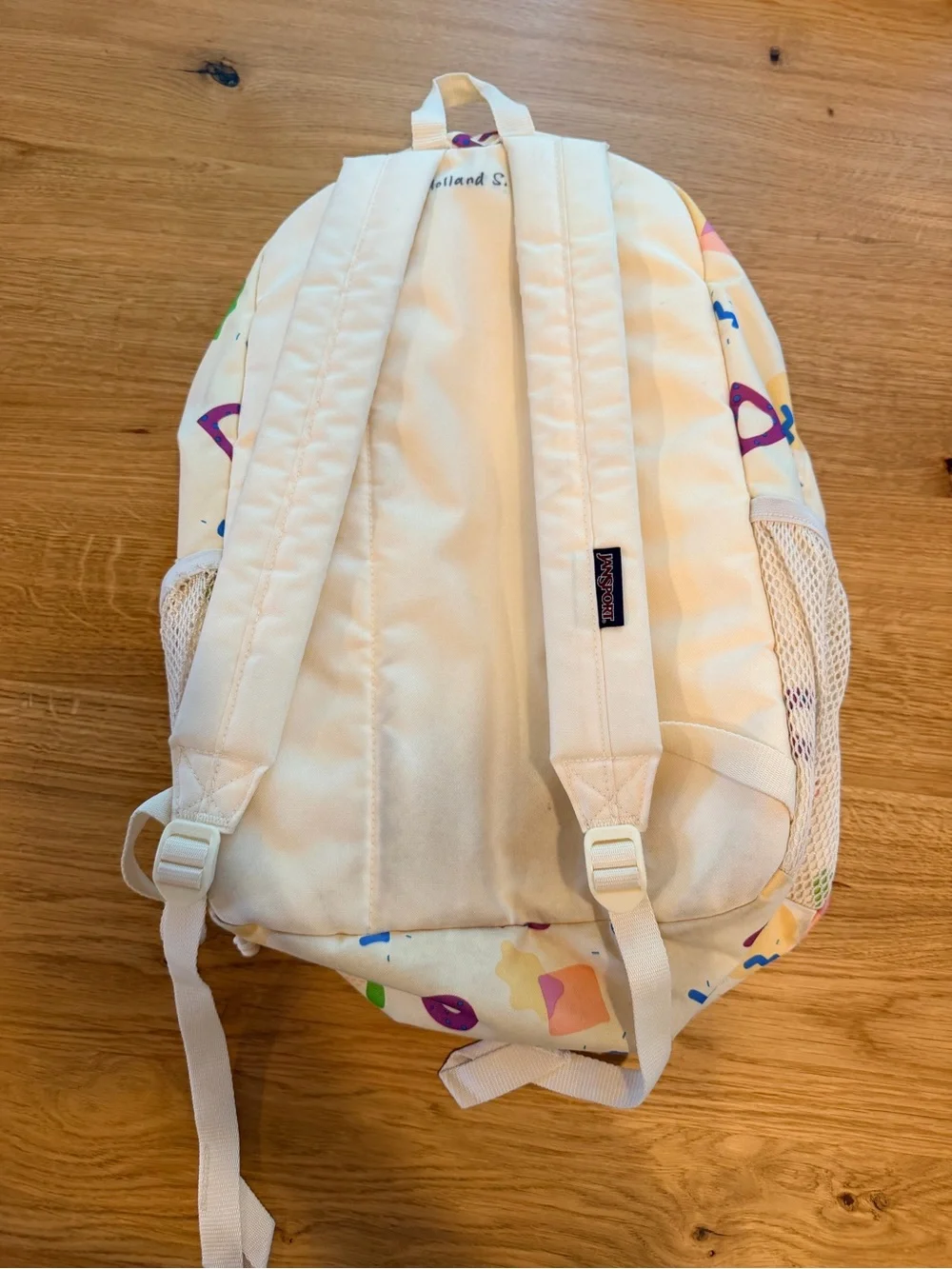 Jansport Cream Backpack with Pastel Pink, Purple & Green Shapes
